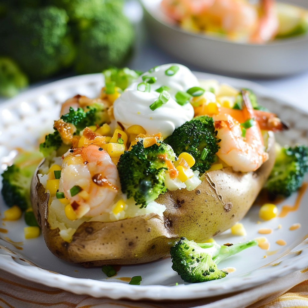 Une assiette de pommes de terre farcies au brocoli, au maïs et aux crevettes nordiques.