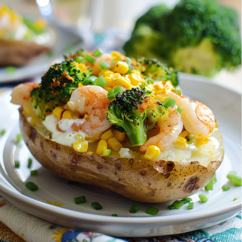 Une poire farcie de crevettes et de brocoli, accompagnée de légumes verts.