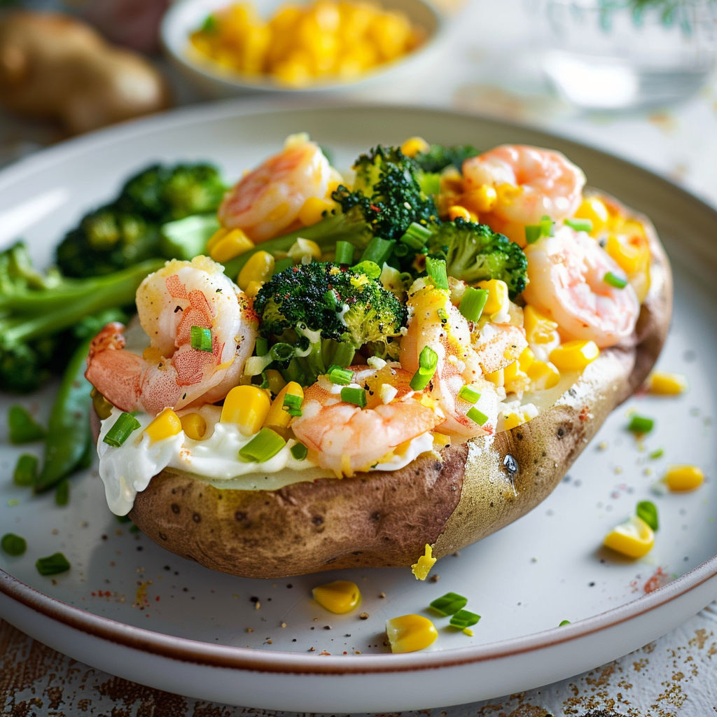 Une salade de crevettes et de légumes, avec des pommes de terre et des poivrons, est servie sur un plateau.