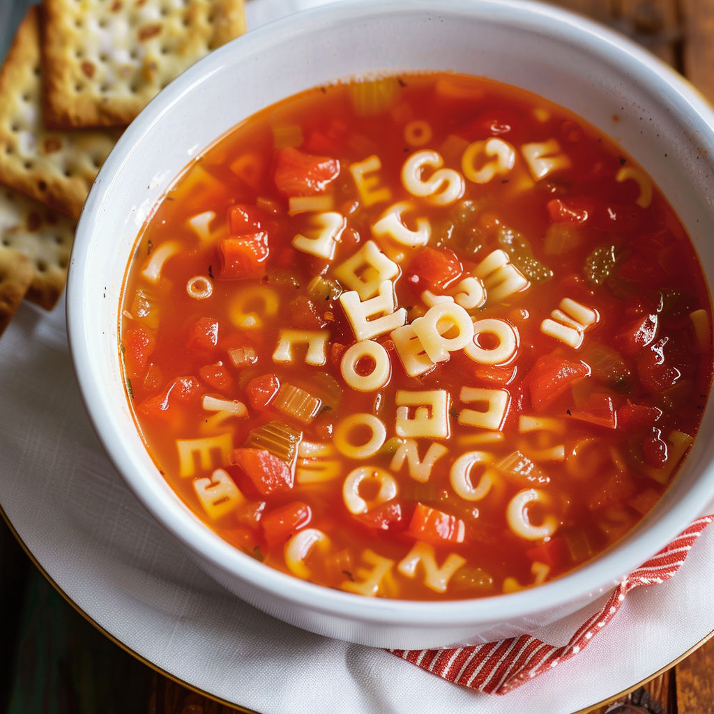 Une soupe aux pâtes en forme d'alphabet est servie dans un bol sur une table.
