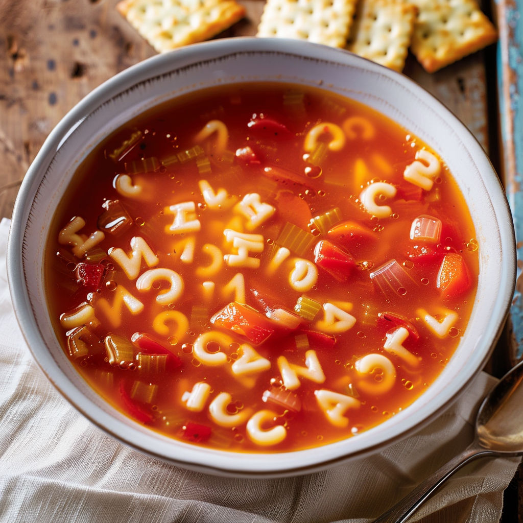 Une soupe tomate et pâtes est servie dans un bol sur une table.