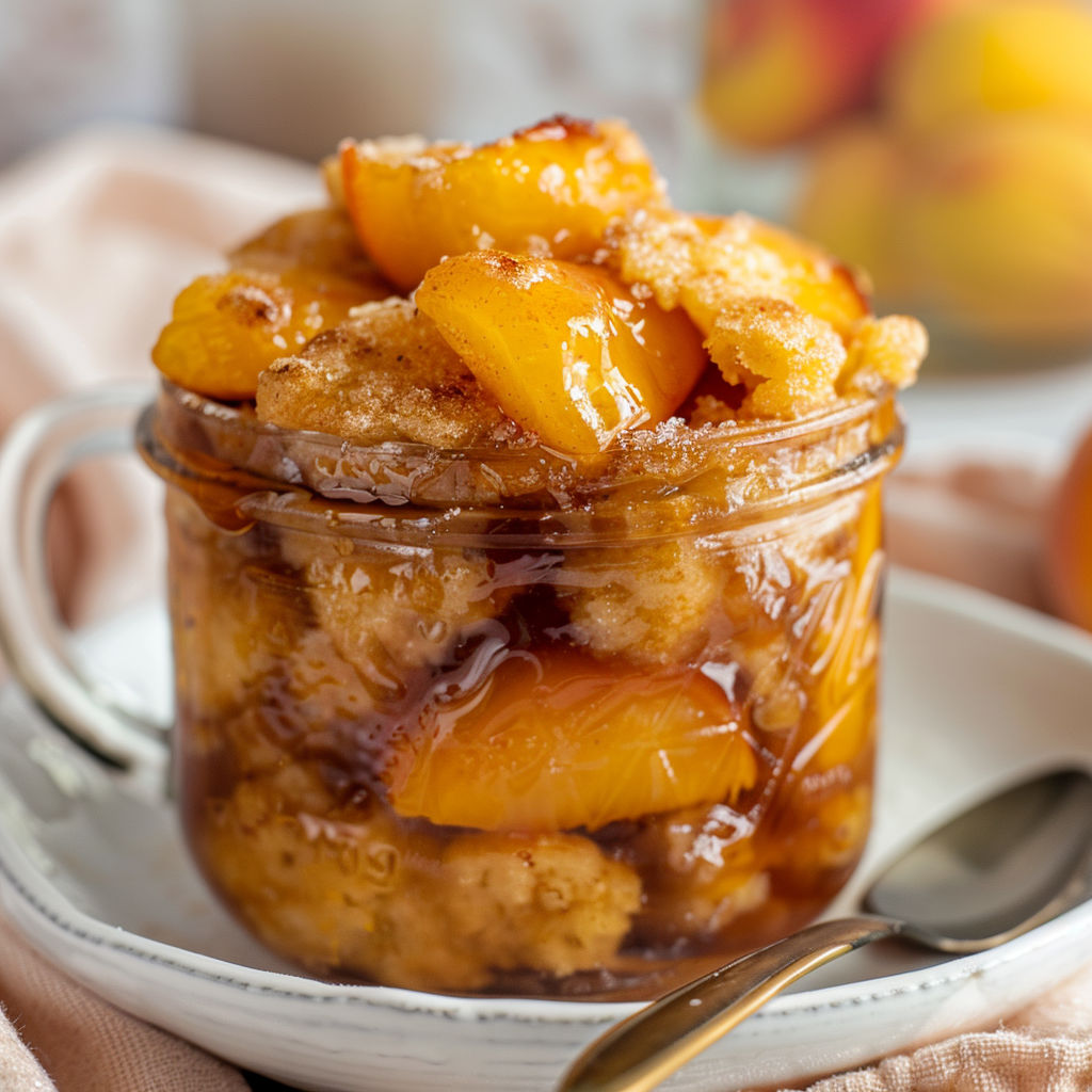 Une tarte aux pêches en pots, garnie de crumble de pommes, est servie sur un plateau.