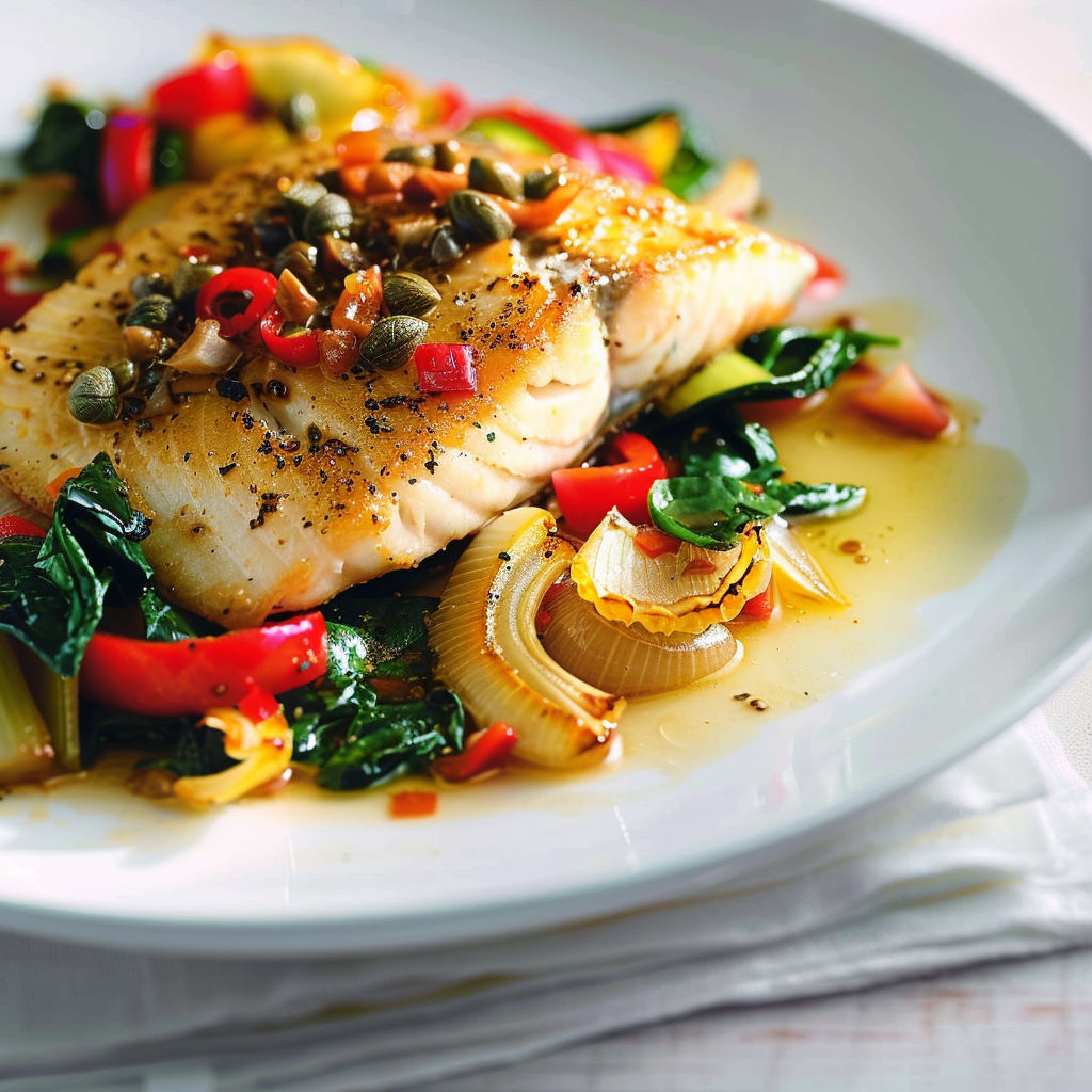 Un poisson grillé avec des légumes verts et des épices, accompagné d'une sauce au citron.