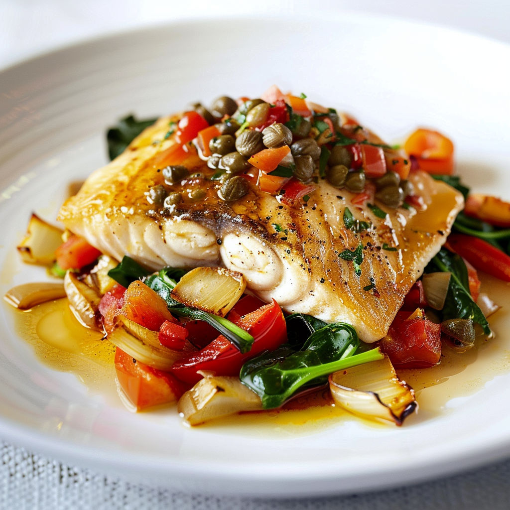 Un poisson grillé avec des légumes verts et des tomates.