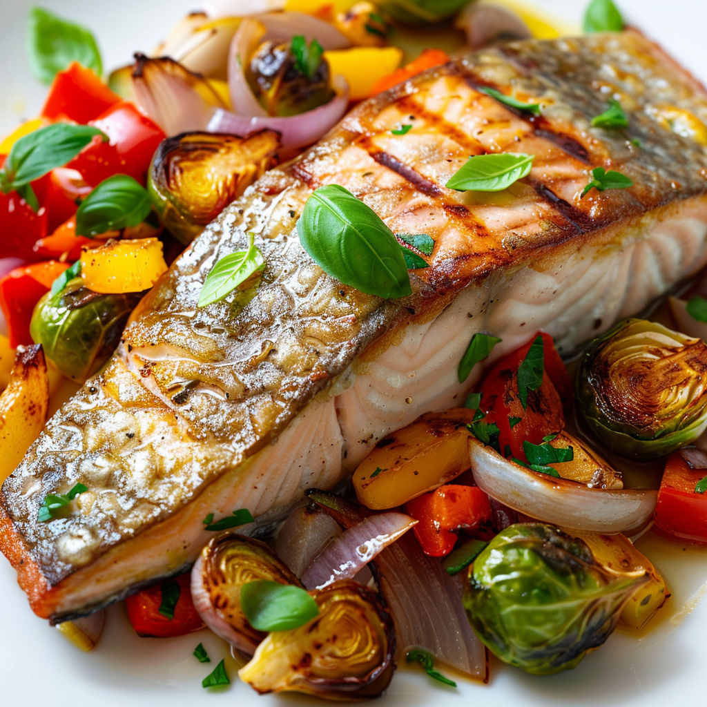Une poisson grillé avec des légumes verts et des épinards, accompagnés de sauce.