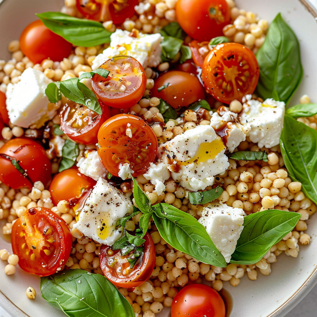 Une salade de boulgour, tomates cerises et chèvre frais, avec des feuilles de basilic et des herbes fraîches.