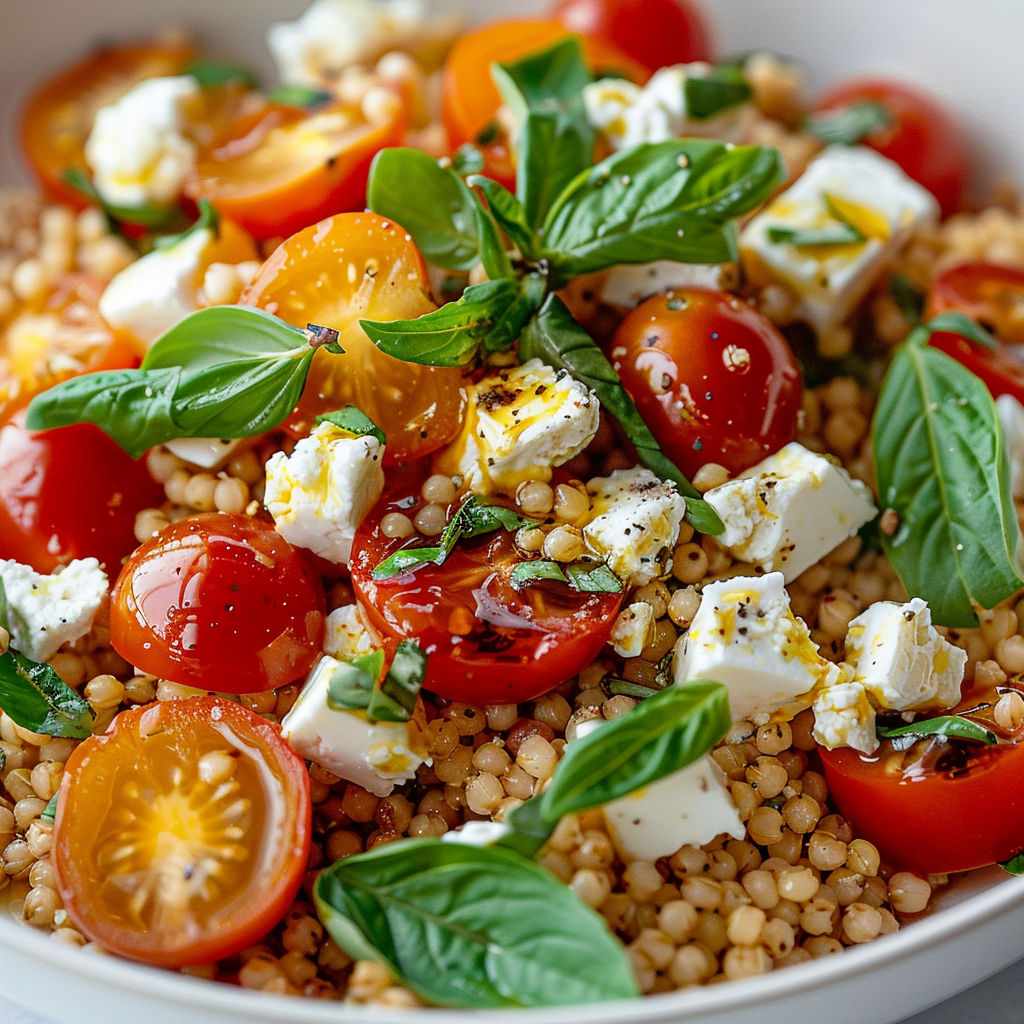 Une salade de tomates et de pâtes fraîches, garnie de basilic et d'huile d'olive, dans un bol.