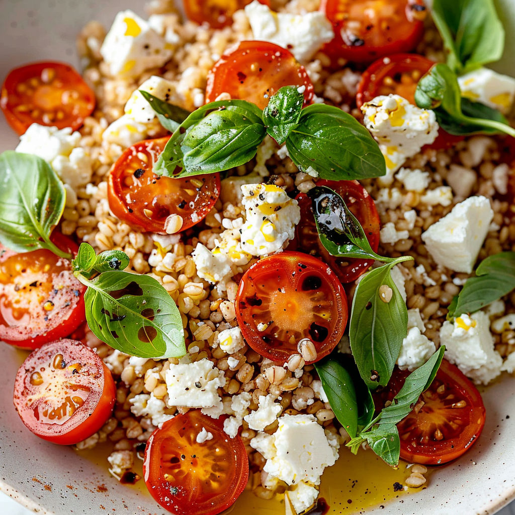 Une salade de tomates et de quinoa avec des herbes vertes.