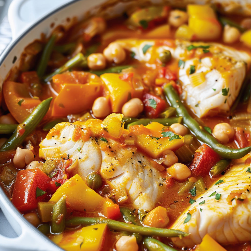 Un délicieux plat de poisson et légumes, avec des haricots, des poivrons et des carottes, est servie dans un bol en céramique.