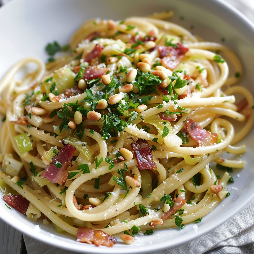 Une plate de spaghetti avec des légumes et des bacon, accompagnée d'une sauce alfredo.