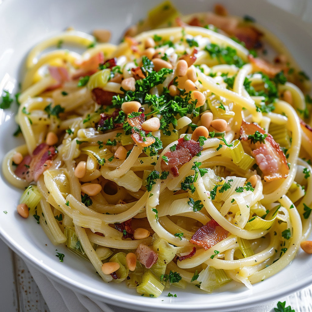 Une recette de spaghetti à la sauce tomate et bacon, servie dans un bol blanc.