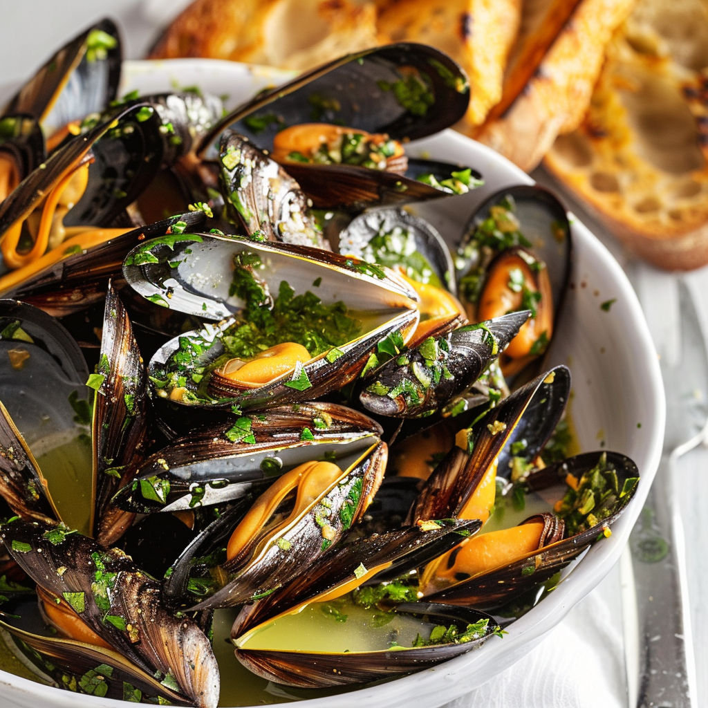 Une assiette de moules farcis avec des herbes et des tranches de pain grillé.