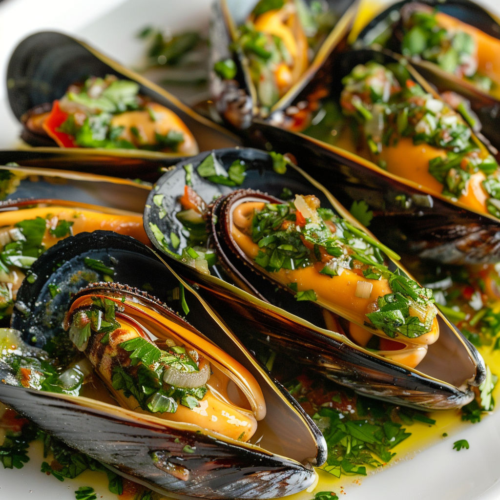 Une assiette de moules farcis de herbes et de sauce, prêts à être mangés.
