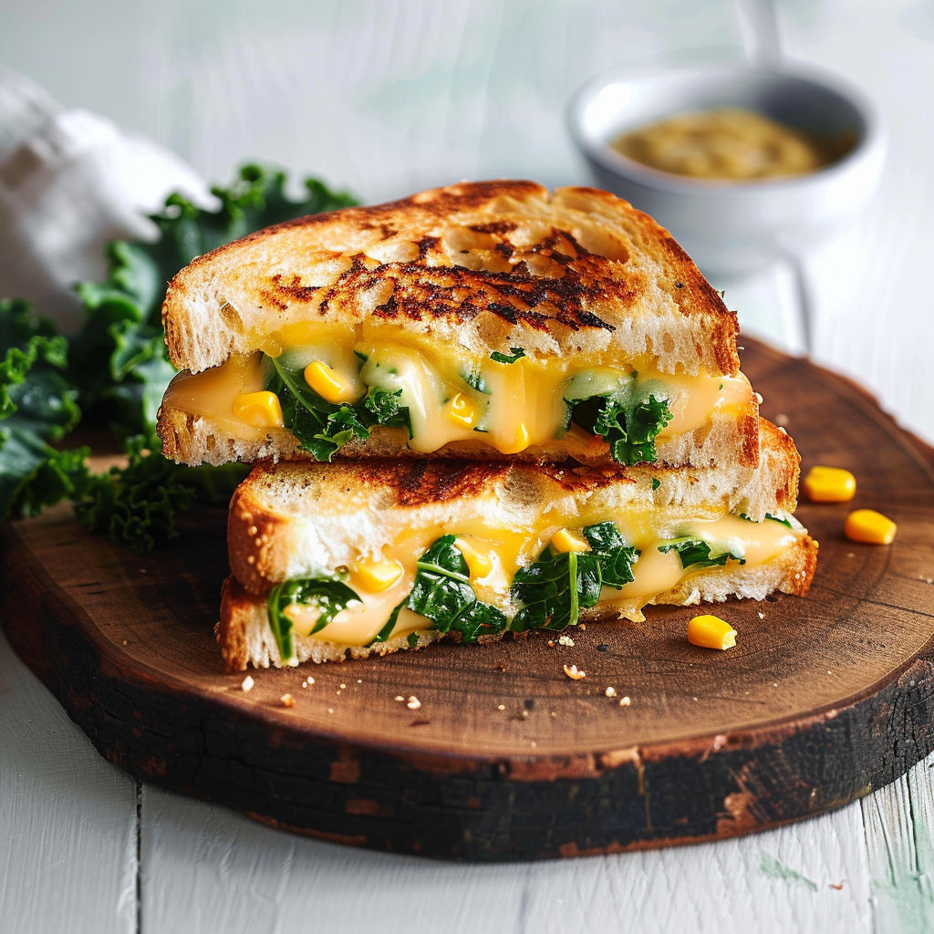 Un sandwich au kale et fromage sur une planche de bois.