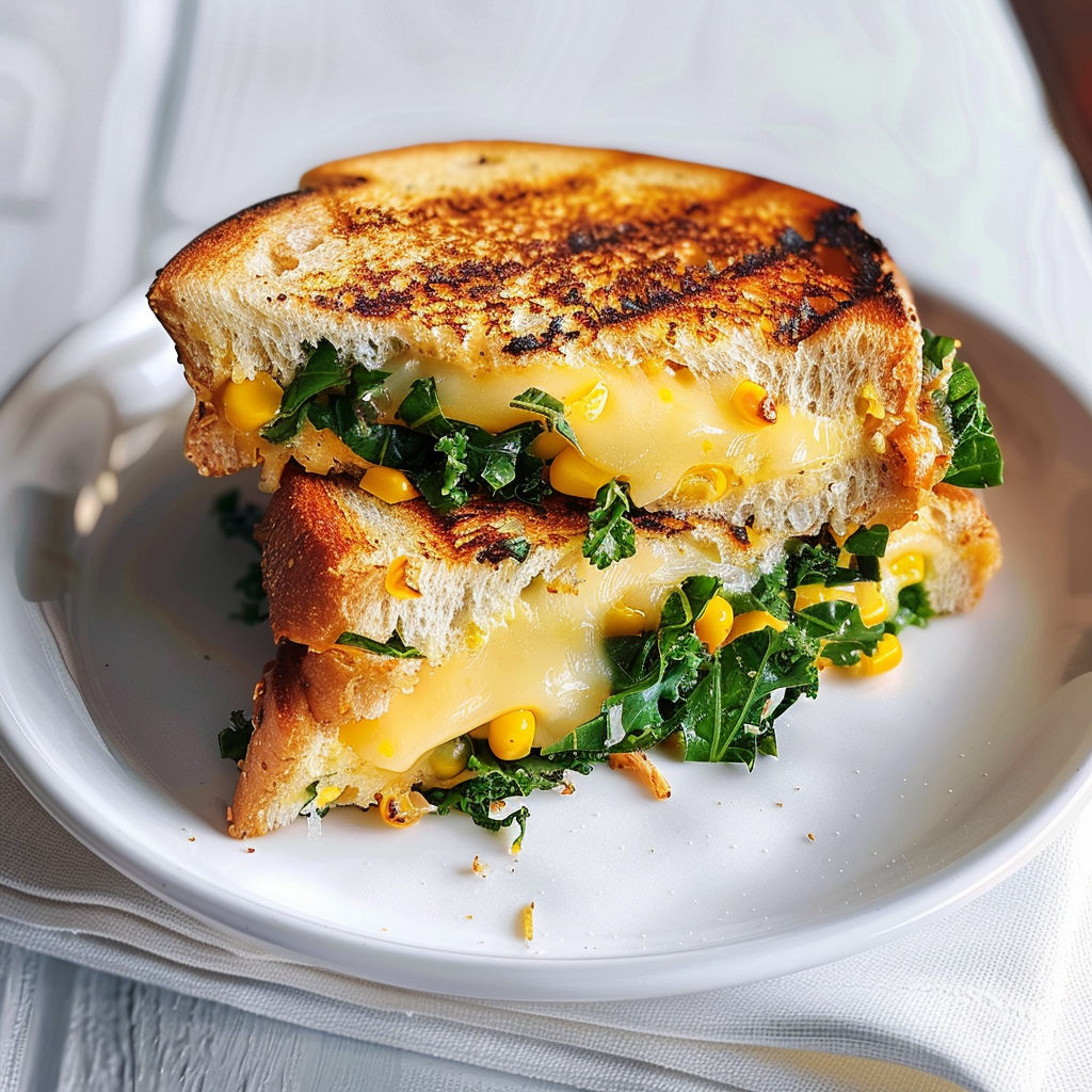 Une tranche de sandwich grillé au chou frisé et maïs, servie sur un plateau blanc.