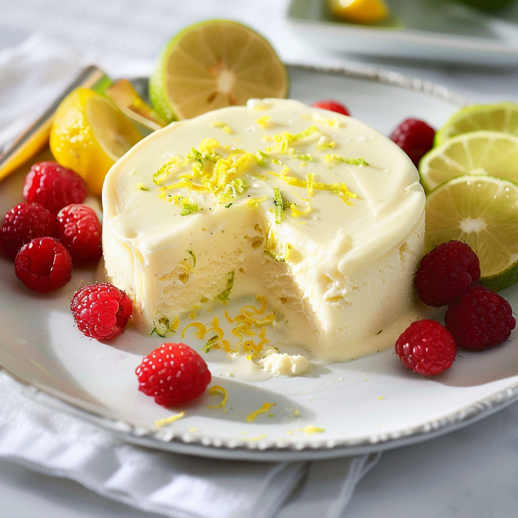 Une tarte glacée citron-lime façon parfait, avec des fruits rouges et des citrons, est servie sur un plateau.