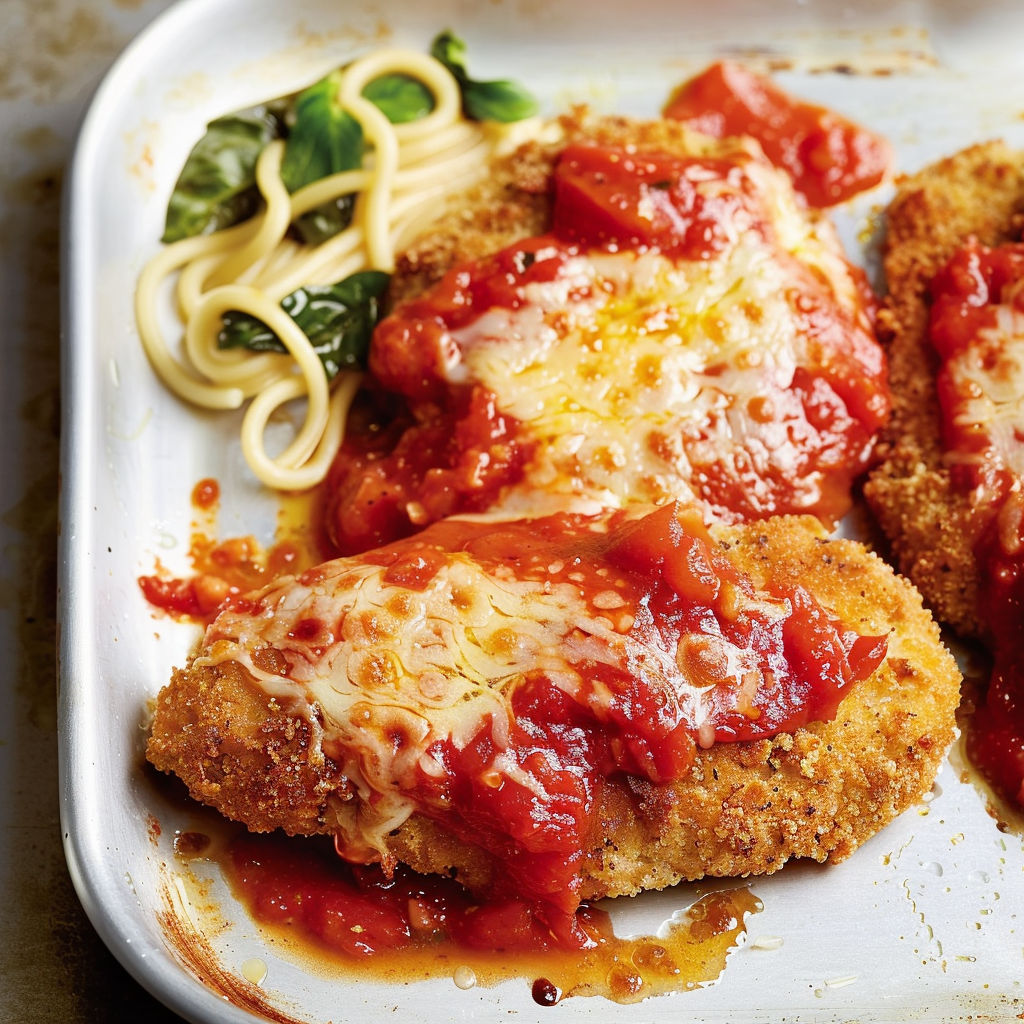 Des escalopes croustillantes au fromage, garnis de spaghetti et de sauce tomate, servis sur un plateau.