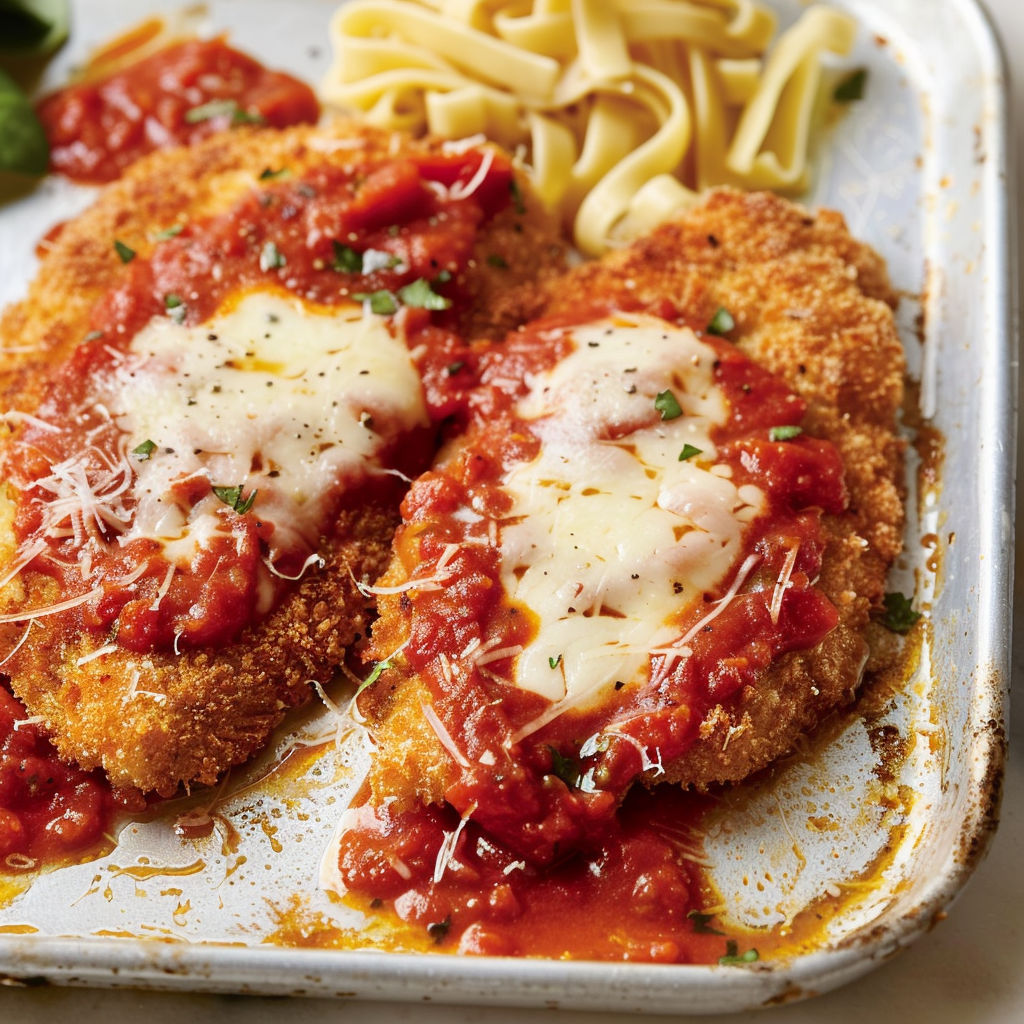 Une image de poulet gratiné à la parmigiana, avec des sauces et des herbes, sur un plateau.