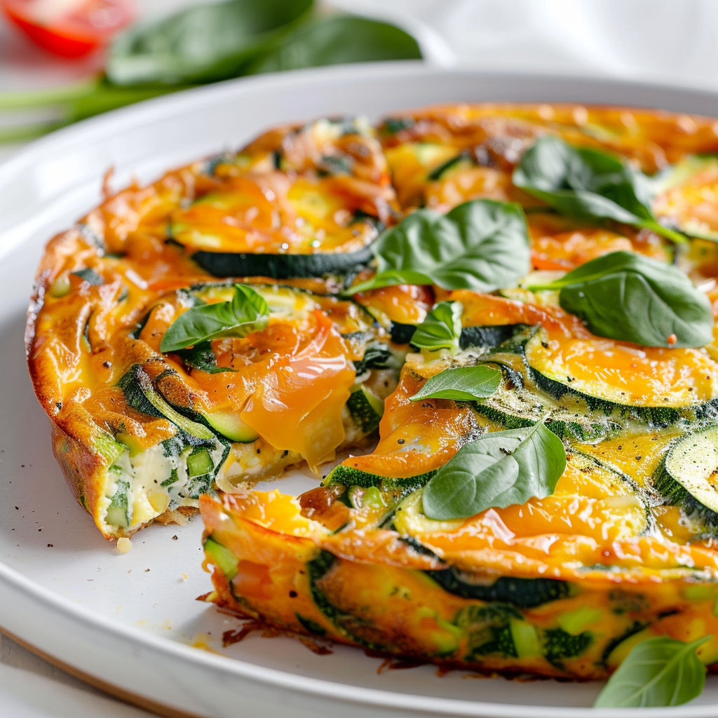 Une frittata verte au cheddar, garnie de feuilles de laurier, est servie sur un plateau.