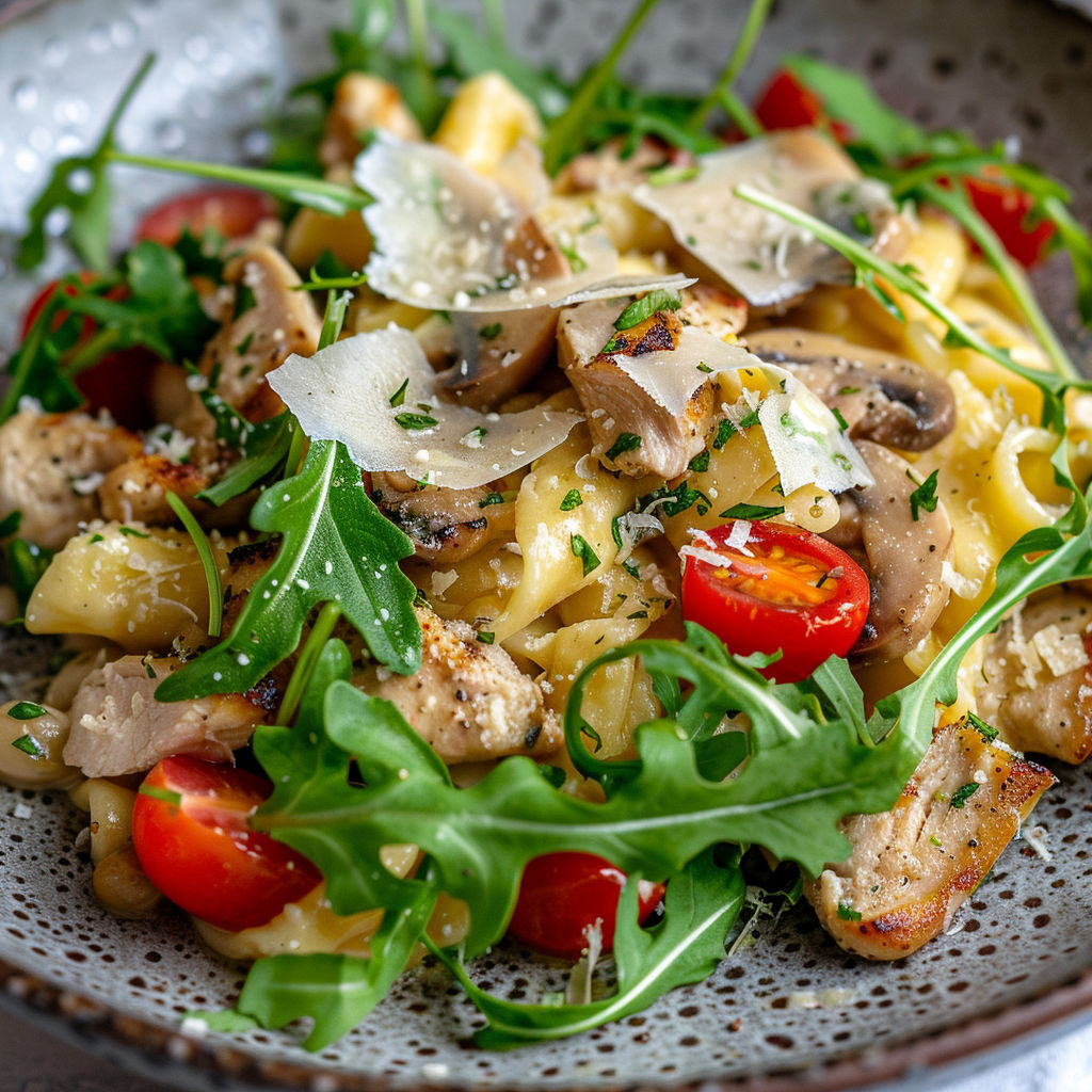 Spätzles au poulet et légumes, une collation colorée et savoureuse.