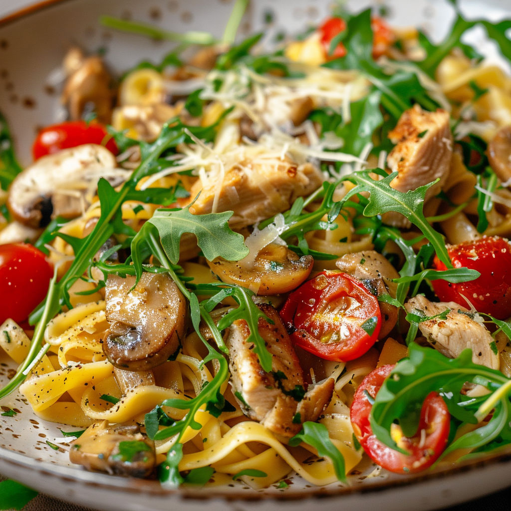 Spätzles crémeux au parmesan et tomates cerises, une salade de tomates cerises, de mushrooms et de spaghetti, garnie de herbes fraîches.