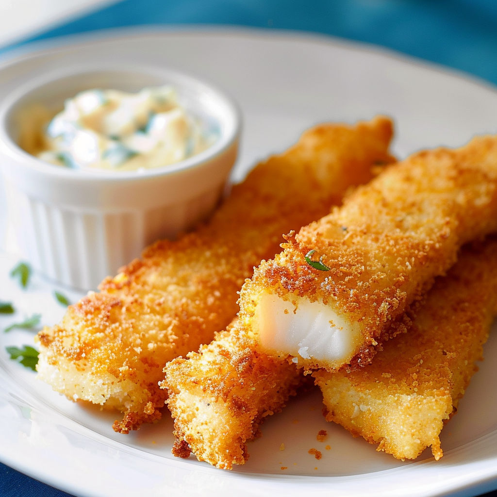 Un filet de poisson croustillant au panko est servi sur un plateau avec une sauce.