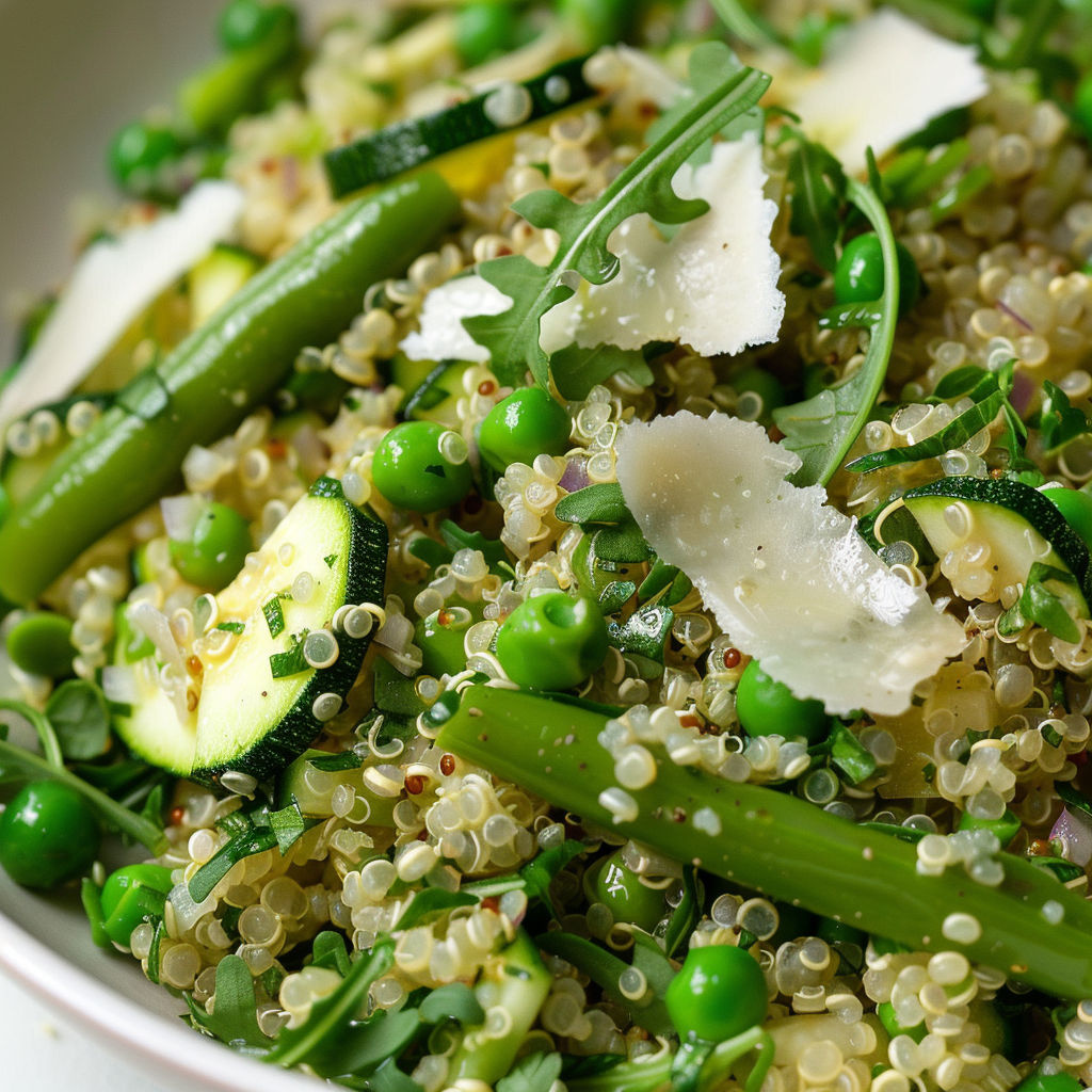 Une salade de quinoa aux légumes verts, avec des pois, des zucchini, des épinards et des herbes.