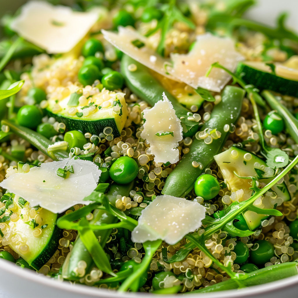 Une salade de quinoa et de légumes verts, avec des pâtes et des herbes.