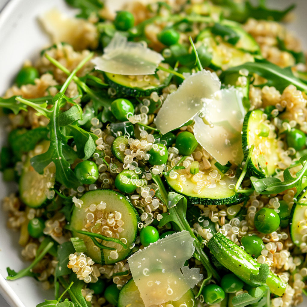 Une salade de quinoa et de légumes verts, avec des cucumbers, des pois chiches et des herbes vertes.