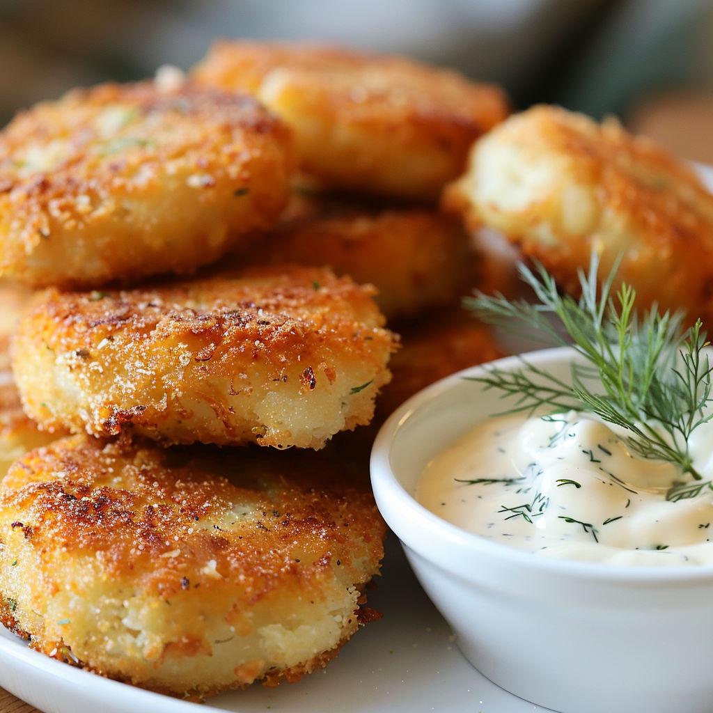 Une pile de patties de poisson frites accompagnées d'une sauce et d'une herbe.
