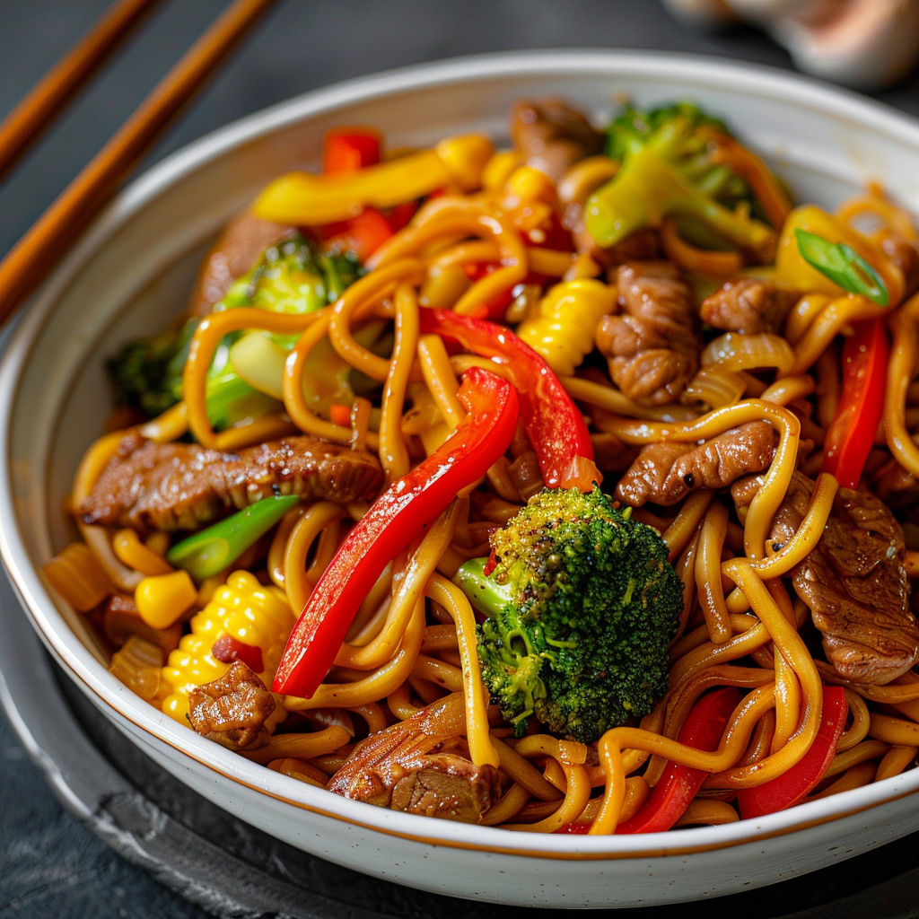 Une recette de noodles avec des légumes colorés et des viandes.