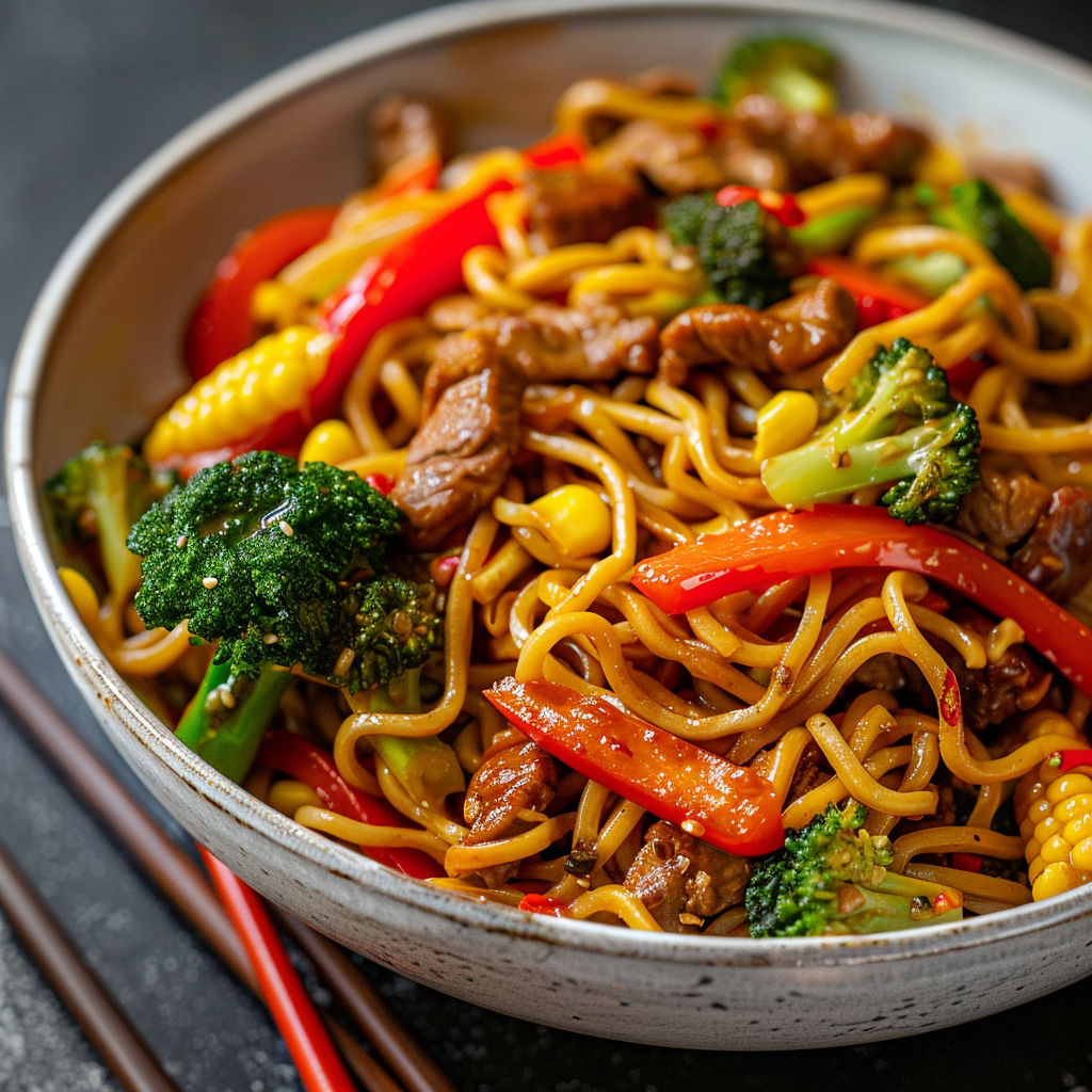 Un plat de noodles avec des légumes et des viandes, accompagné de baguettes de riz.