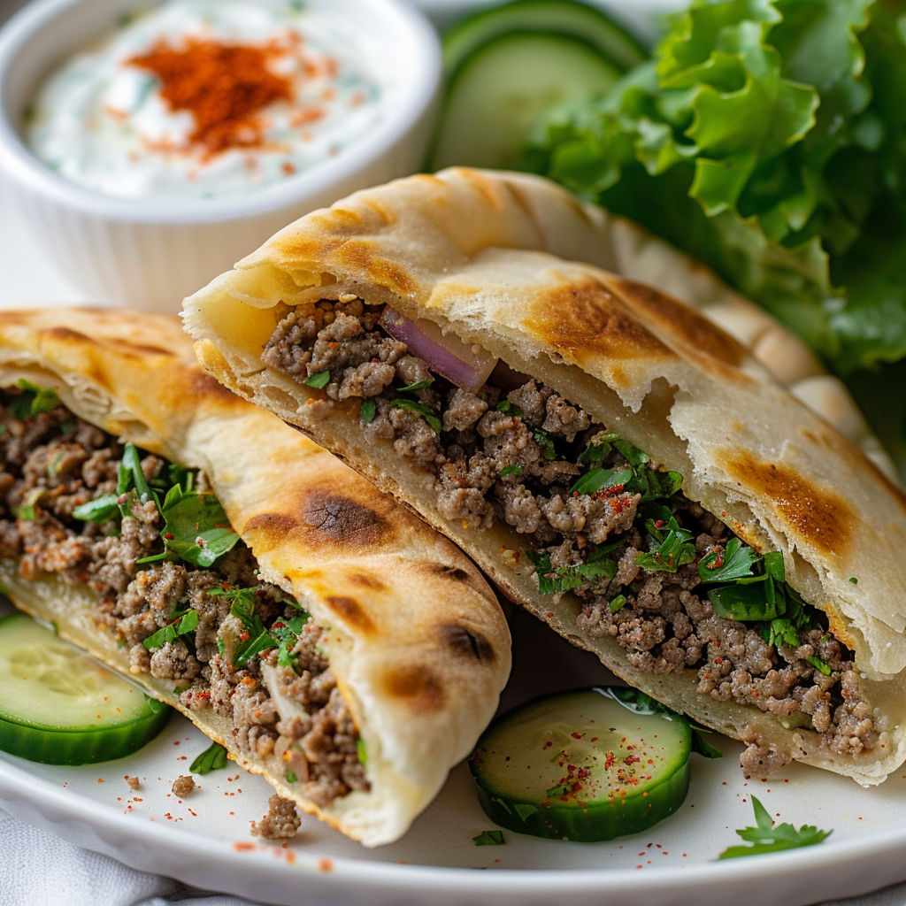 Une pita farcis au boeuf haché est servie avec une salade de cucumbers et de laitue.