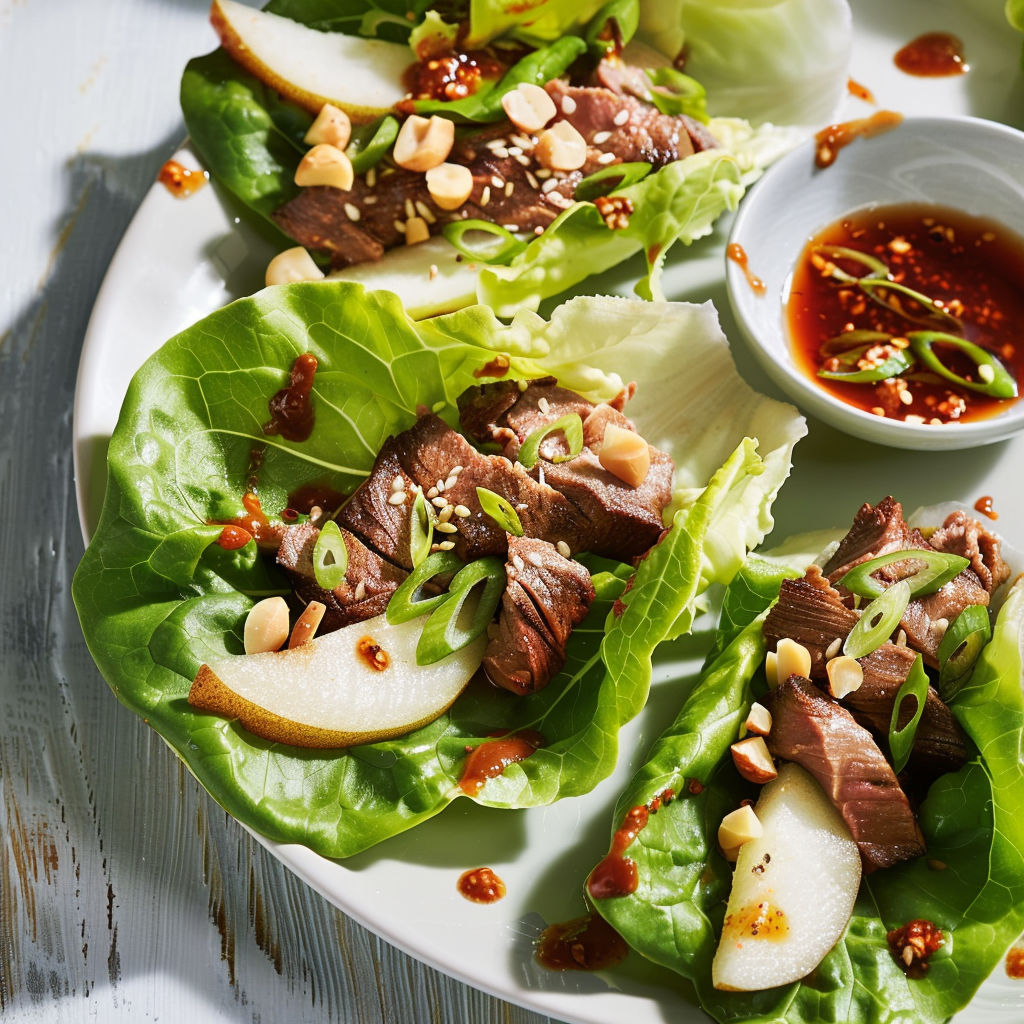 Plate of beef and vegetable wraps with a dipping sauce.