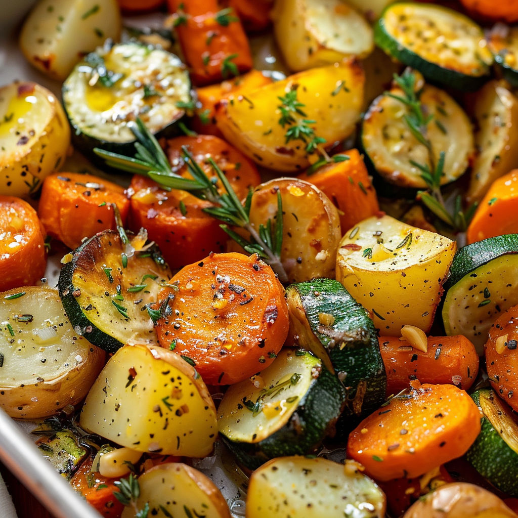 Une assortiment de légumes cuits au four avec des herbes et de l'ail.
