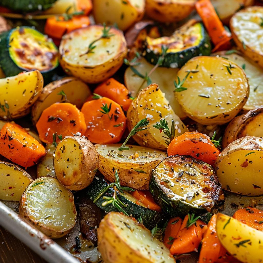 Une assortiment de légumes rôtis avec des herbes méditerranéennes, incluant des carottes, des courgettes et des aubergines.
