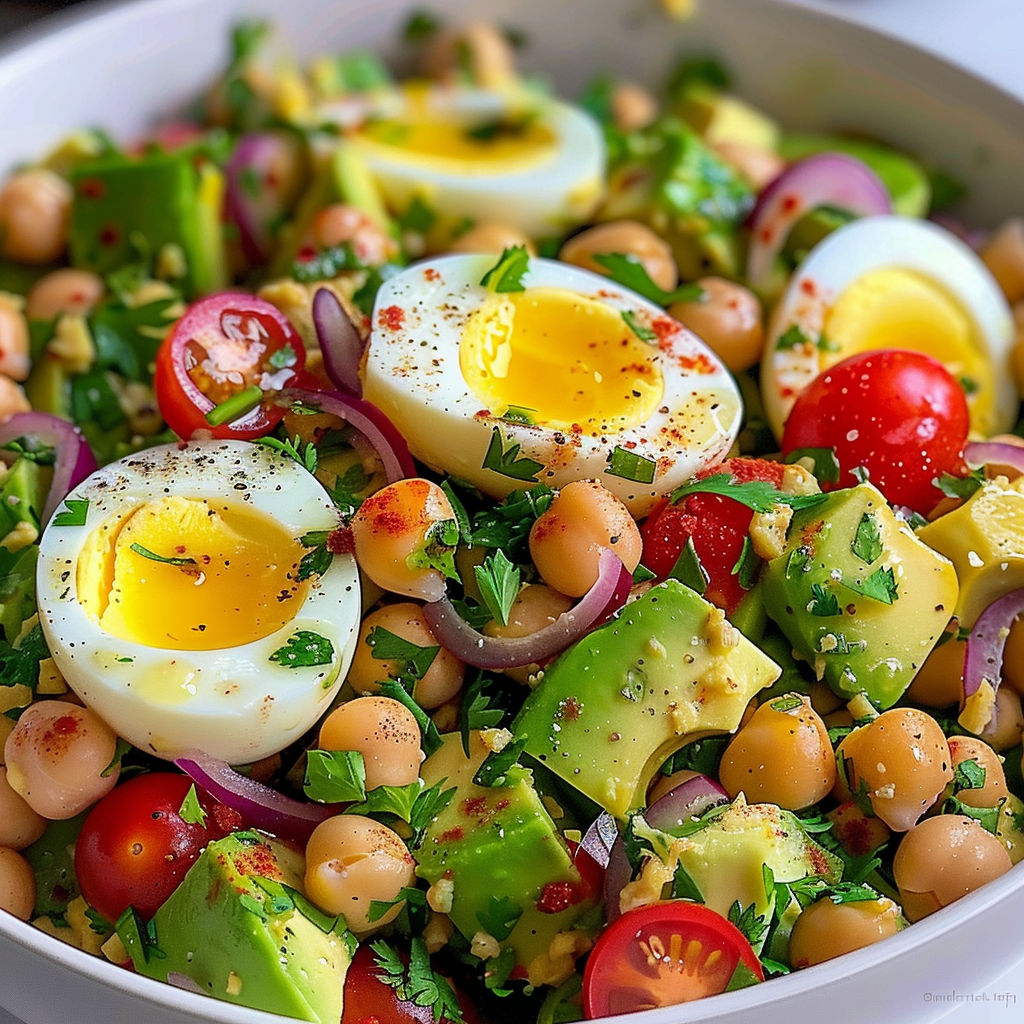 Une salade de légumes et de graines, avec des oeufs, des avocats, des tomates, des poivrons et des haricots verts.
