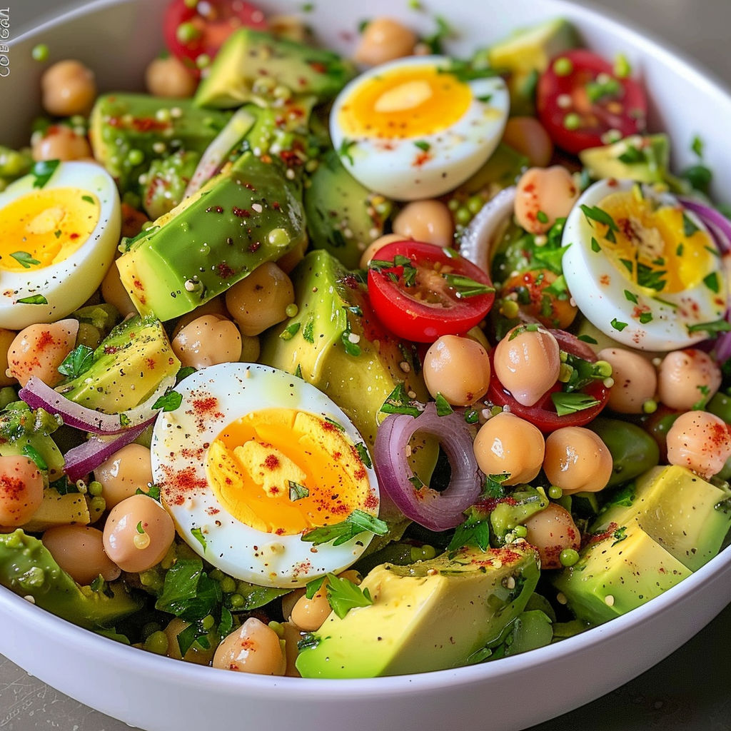 Une salade de poulet et avocat avec des oeufs et des tomates.
