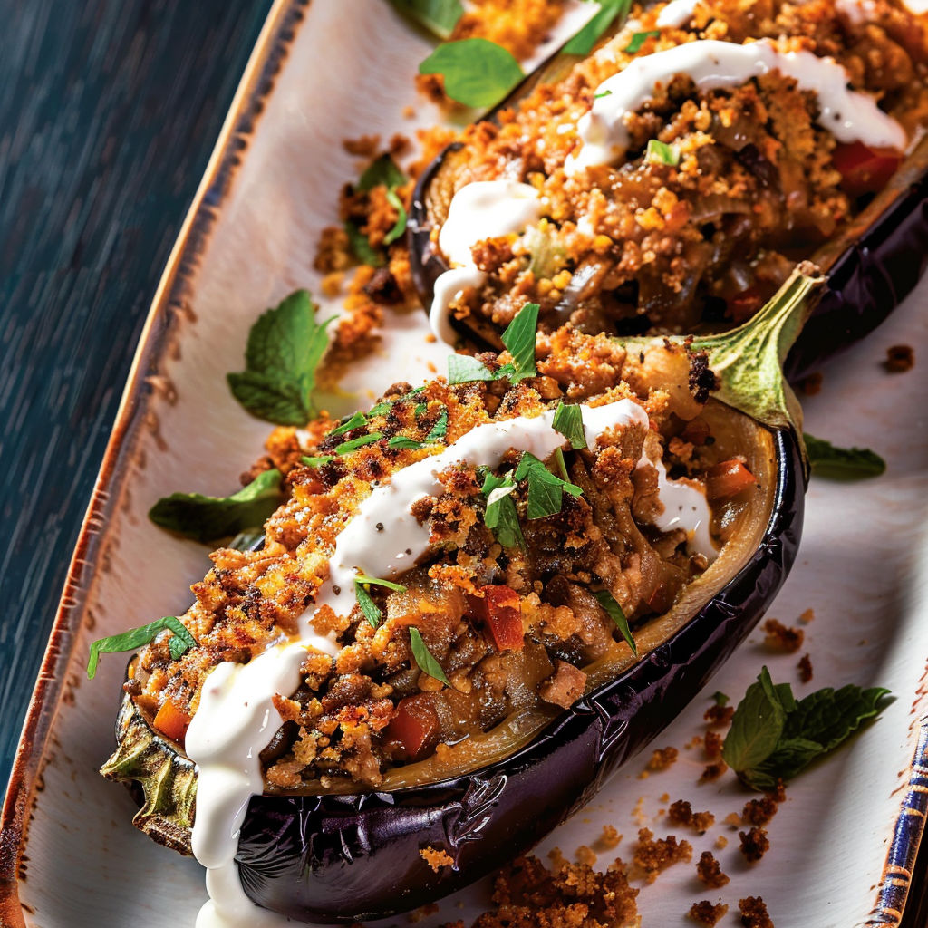 Une aubergine moussaka est servie sur un plateau avec des herbes et des légumes.