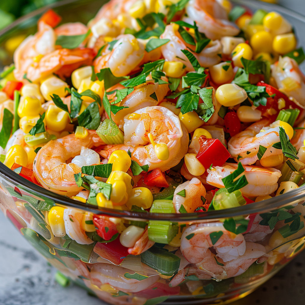 Salade de crevettes nordiques et de maïs dans un bol.