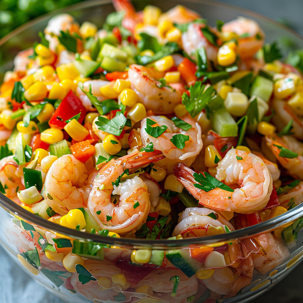 Une salade de crevettes et de maïs dans un bol.
