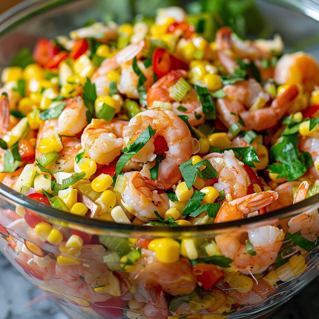 Une salade de crevettes et de maïs dans un bol.