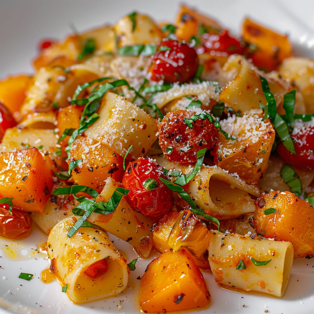 Une assiette de pappardelles gourmandes, servies avec des tomates rôties et des épinards, garnies de basilic et de parmesan.