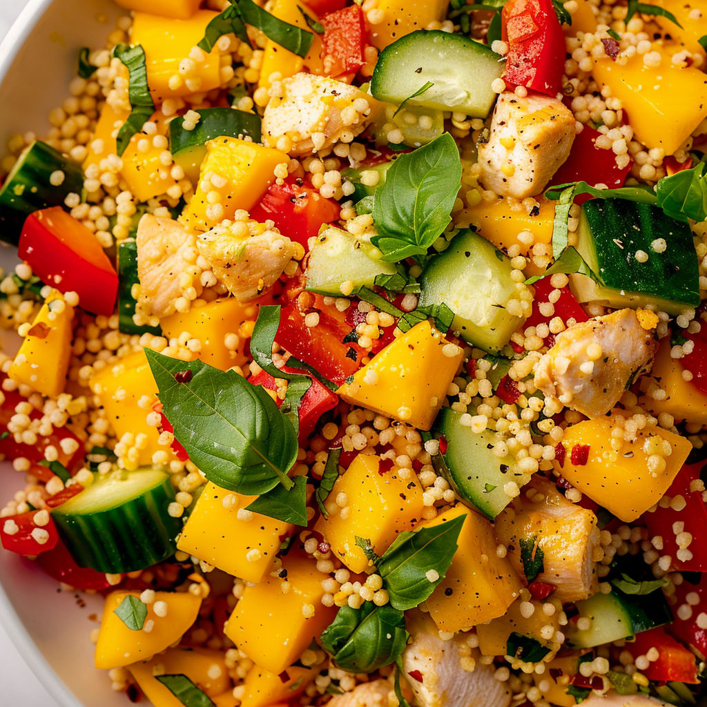 Salade de couscous, de poulet et de mangue, avec des légumes frais et des herbes.