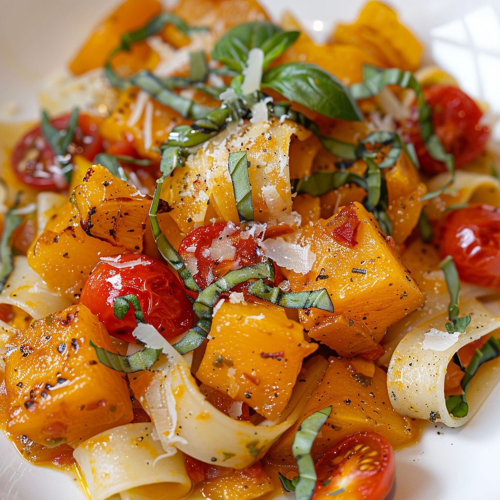 Une assiette de Pappardelles d'automne aux tomates caramélisées, courge Butternut et touches de parmesan raffiné.