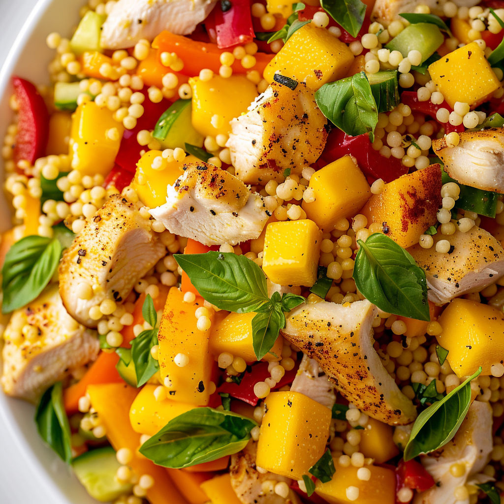 Une salade de poulet et mangue sucrée, garnie de couscous et de basilic.