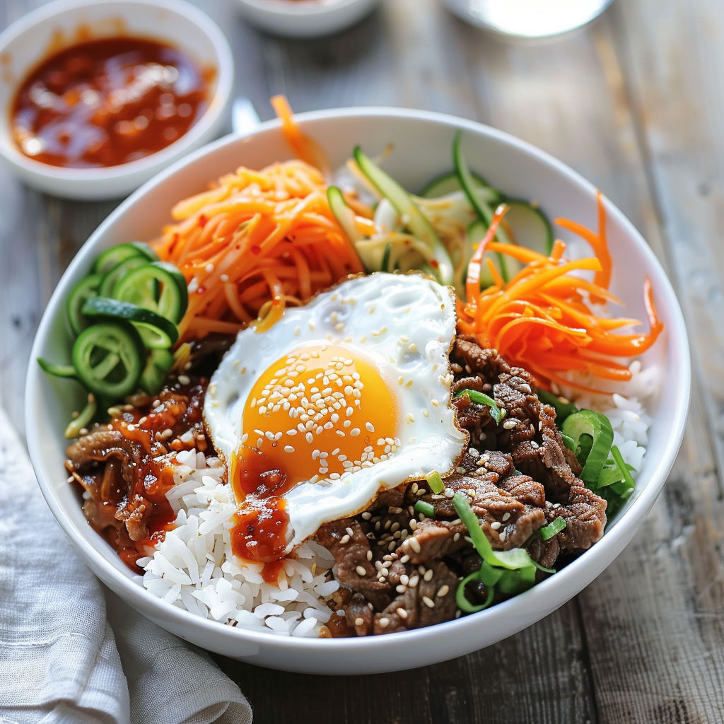 Un plat de Bibimbap traditionnel contenant du riz, du bœuf épicé et des légumes frais.