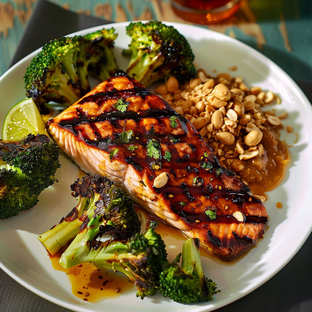 Une assiette de saumon grillé avec des légumes verts et des noix de cajou.