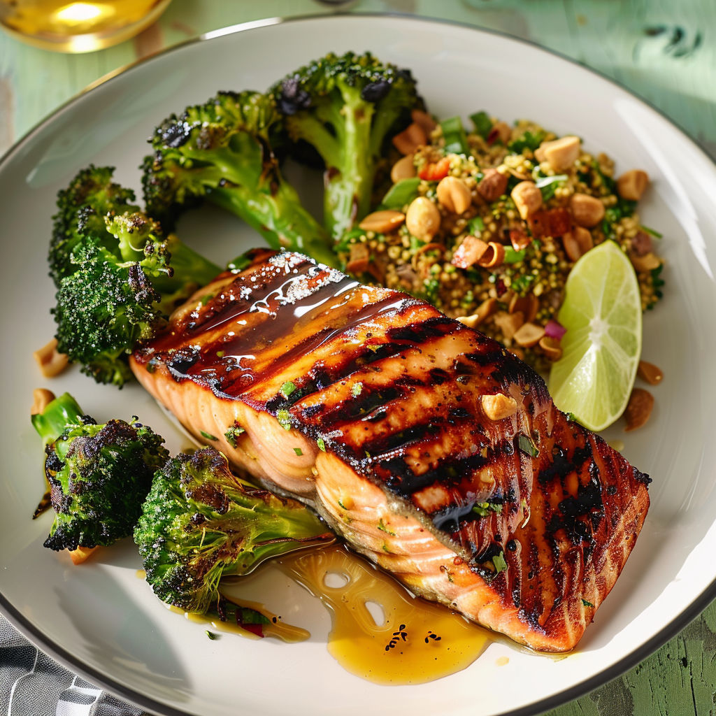Un salmon grillé avec des légumes verts et des graines de cumin.