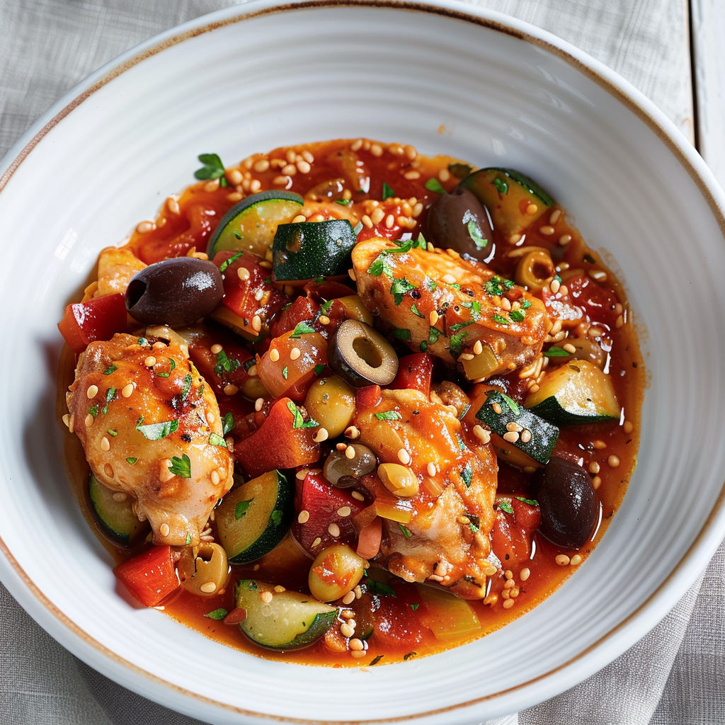 Un plat de poulet mijoté aux olives Kalamata, légumes et pâtes fondantes.
